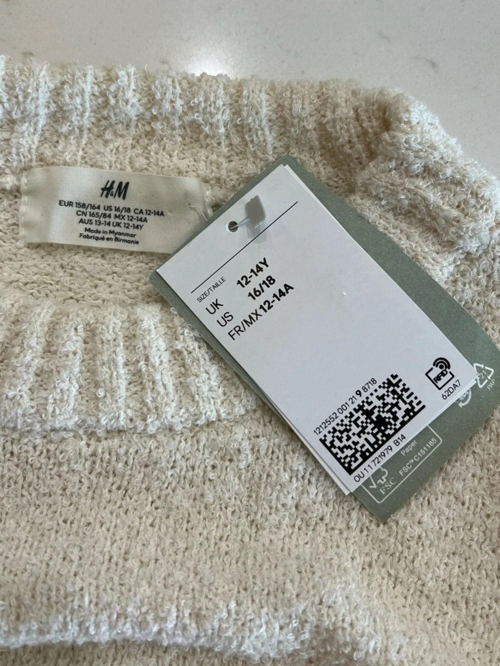 H&M Striped Slub Knit Sweater Cream Green Youth 16/18 NWT